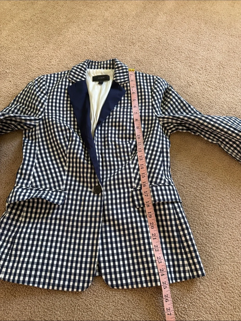 J. Crew Navy and White Gingham Blazer with Contrast Lapel